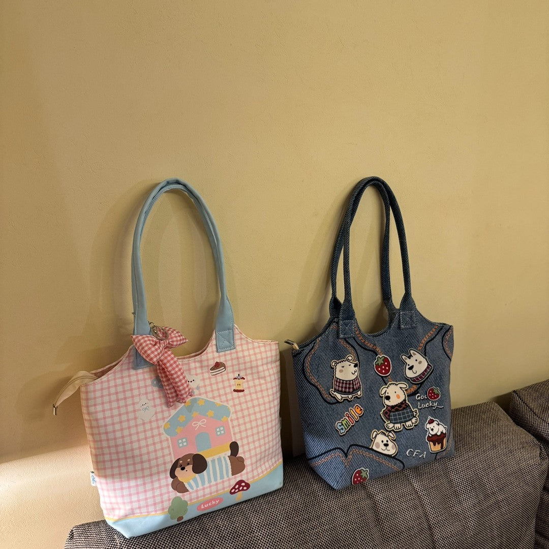 Cute Cartoon Dog Print Tote Bag with Magnetic Closure and Stylish Patches for Casual Travel