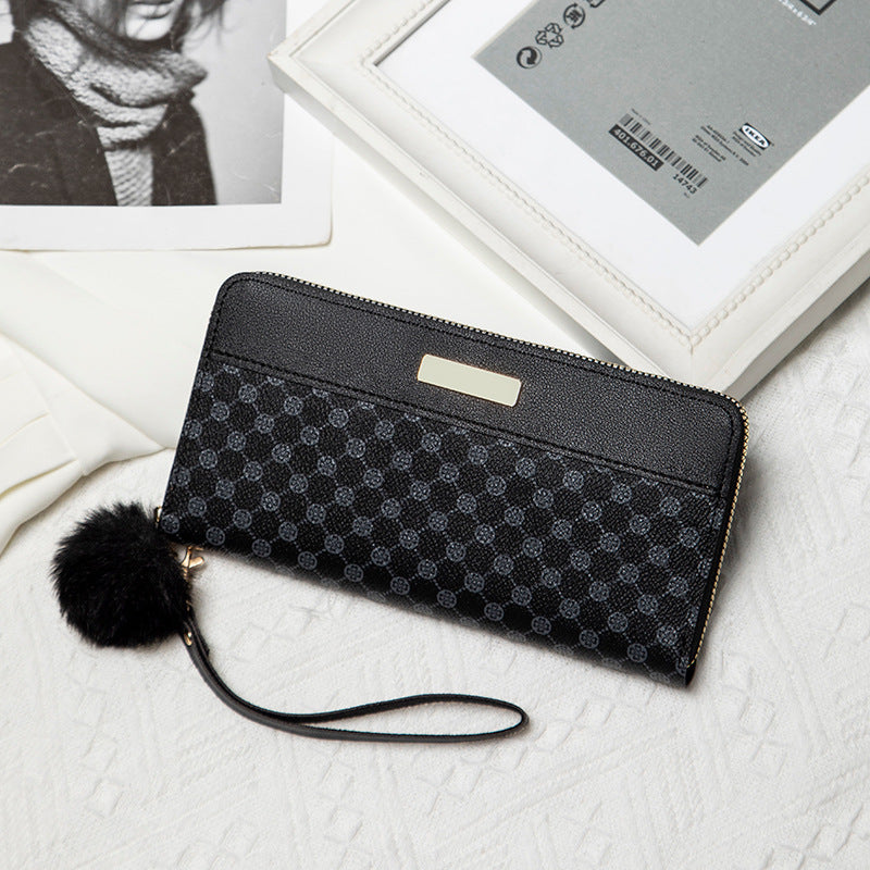 Stylish Long Zipper Wallet with Pom-Pom Charm and Multiple Card Slots for Women