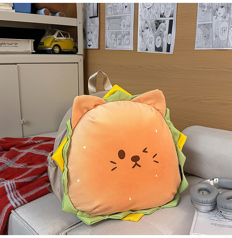 Cute Burger Cat Backpack for Kids and Teens - Stylish Dual Shoulder Bag with Soft Plush Design and Comfortable Back Support