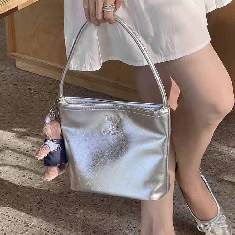 2025 New Fashion Women's PU Bucket Bag with Embroidery and Magnetic Closure, Casual Urban Style Crossbody Handbag