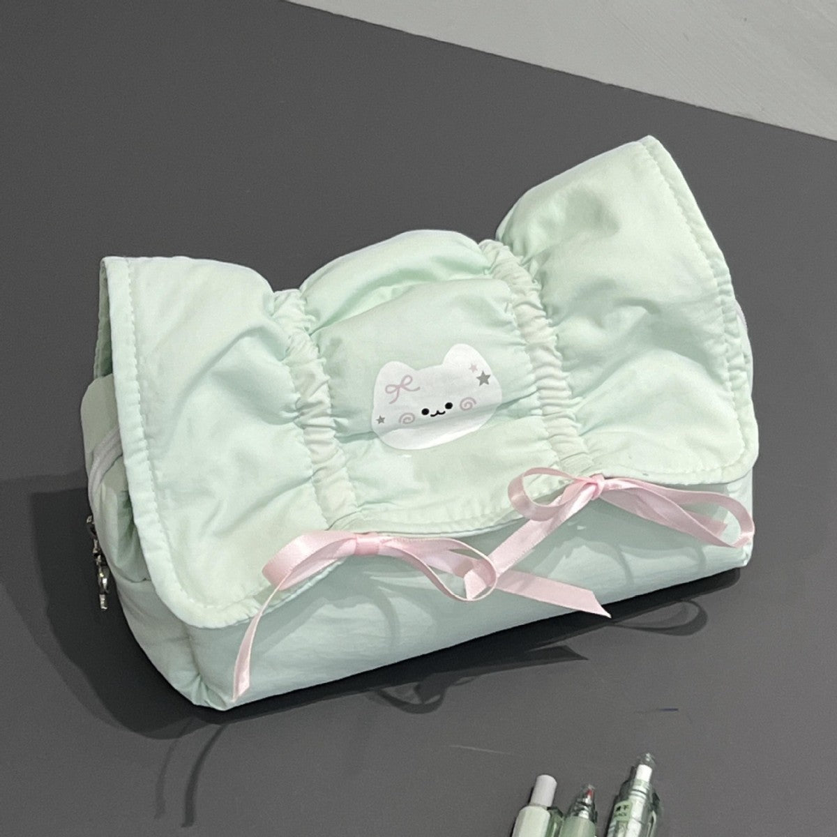 Cute Cat Design Zipper Pencil Case with Bowknot, Large Capacity, High-Style Student Stationery Bag for Girls