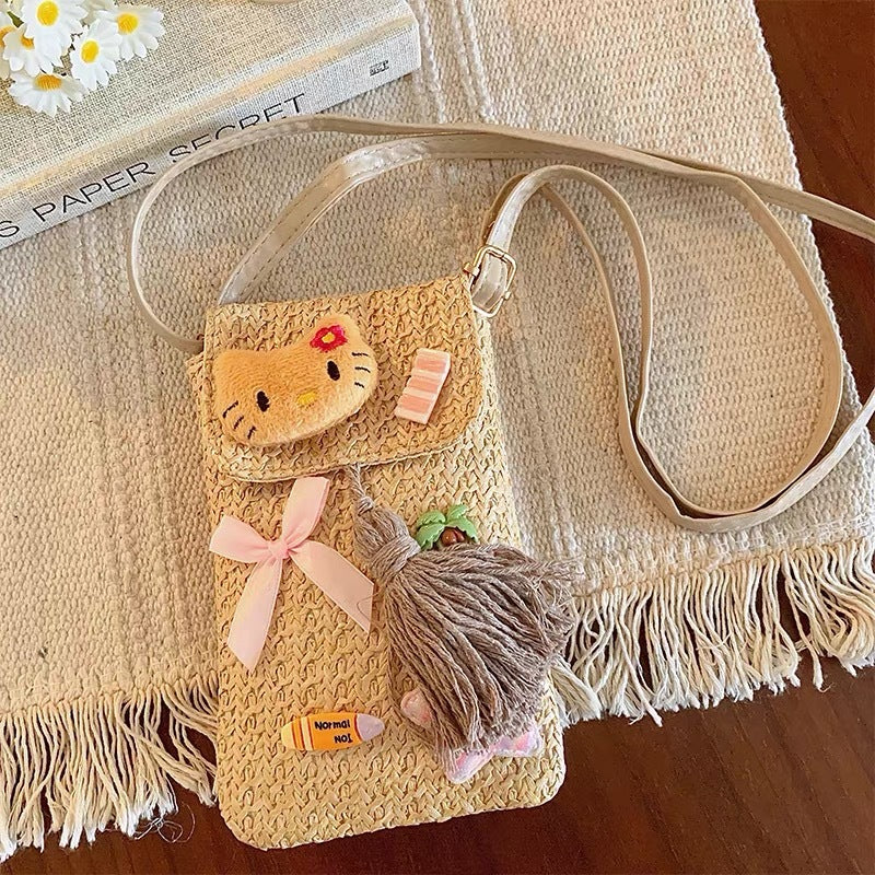 Handmade Crochet Hello Kitty Crossbody Bag for Women, Cute Cartoon Summer Beach Style Phone Pouch with Braided Strap