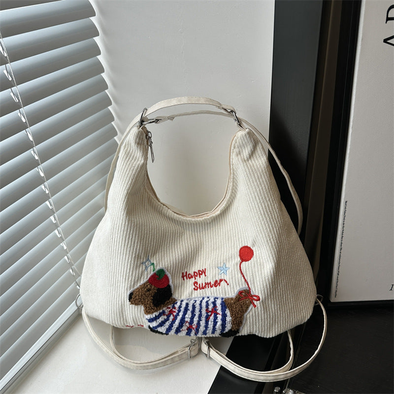Women's Backpack Sausage Dog New Trendy Korean Large Capacity Corduroy Preppy Style Tote Bag