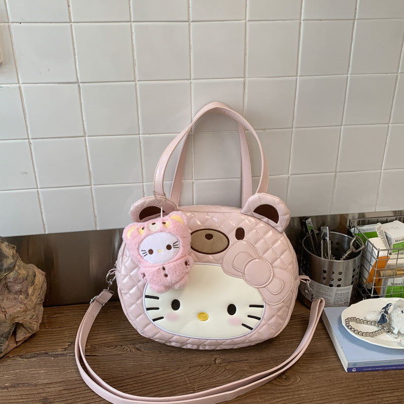Cute Hello Kitty Quilted Shoulder Bag with Plush Charm, Fashionable and Sweet for Daily Use
