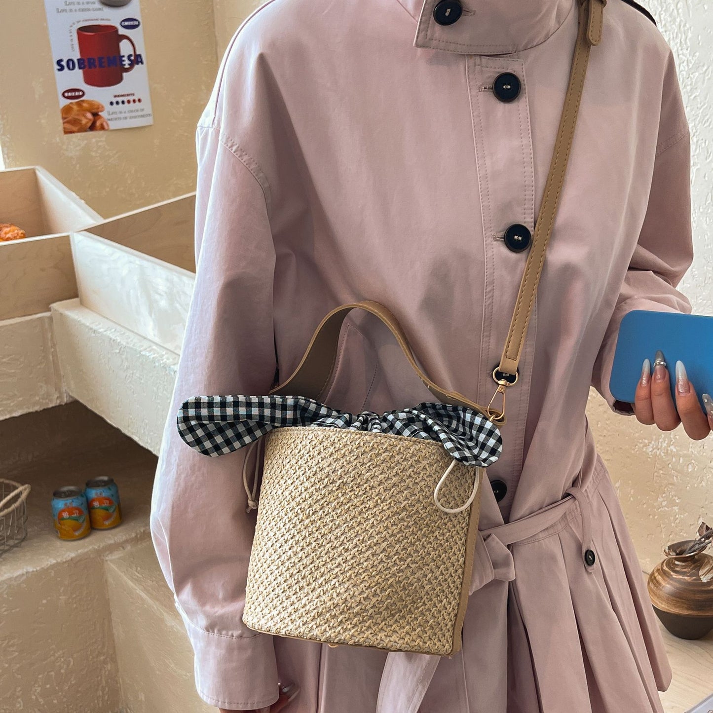 Sweet Style Straw Bucket Bag Women's Summer New Bow Drawstring Design Shoulder Messenger Bag