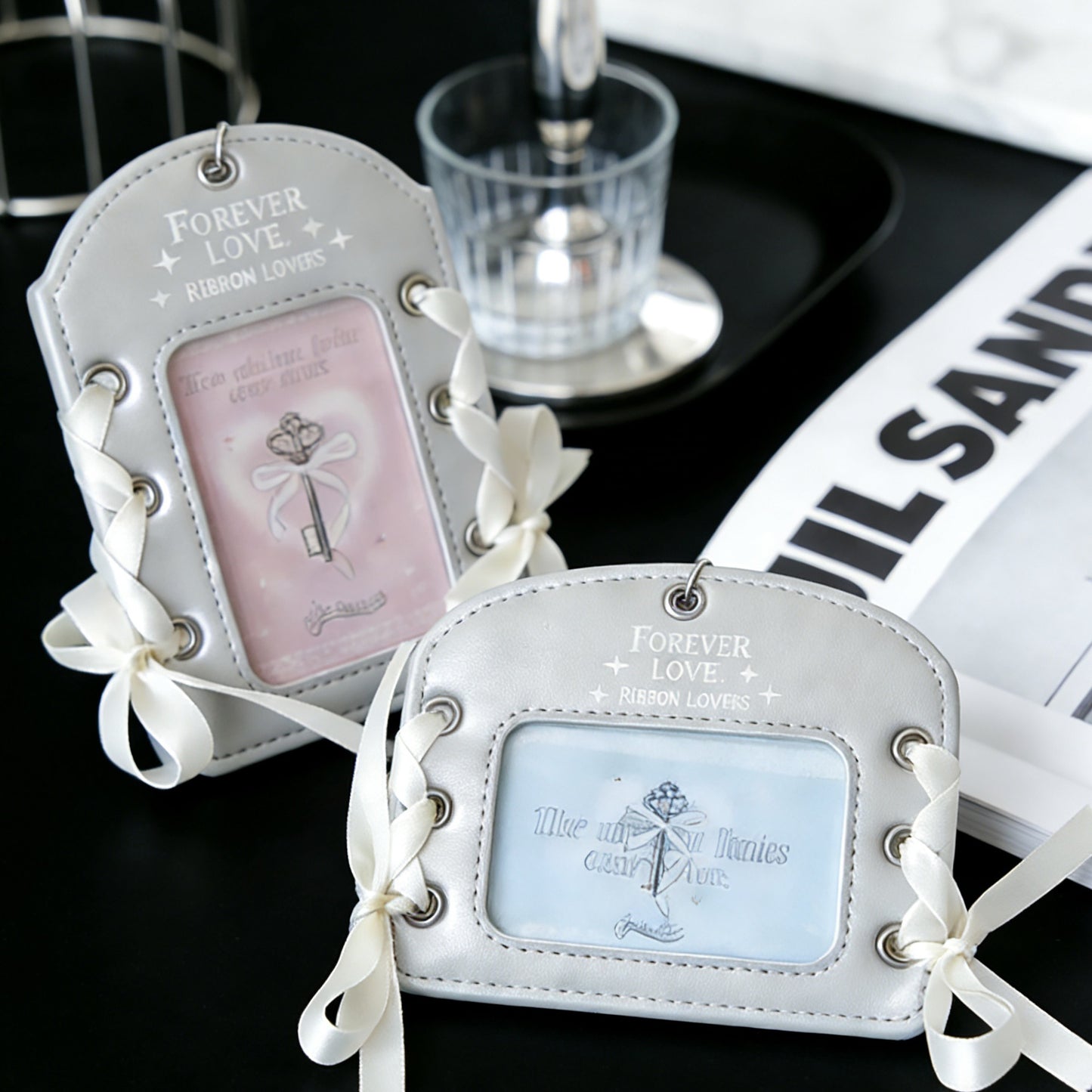Elegant Ballet-Style PU Card Holder with Ribbon Design and Key Motif for Cute Photo Display