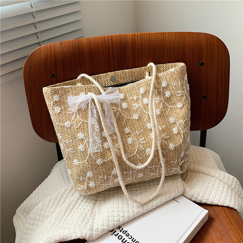New Korean Style Women's Tote Straw Lace Embroidered Shoulder Bag Large Capacity Fashion Bucket Bag Women's Everyday Joker Handbag