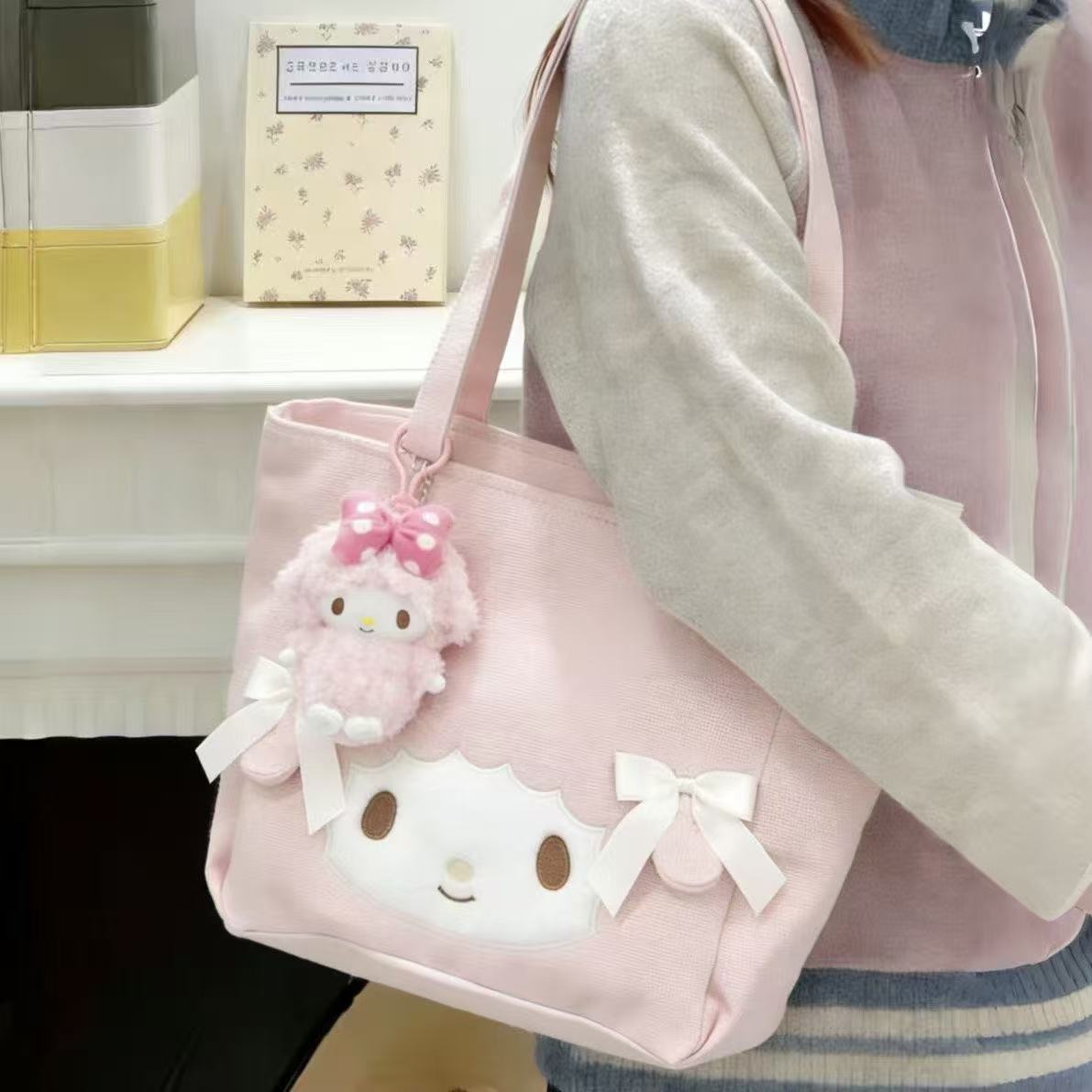Cute Cartoon Tote Bag with Embroidered Design, Large Capacity Canvas Shoulder Bag for Daily Use