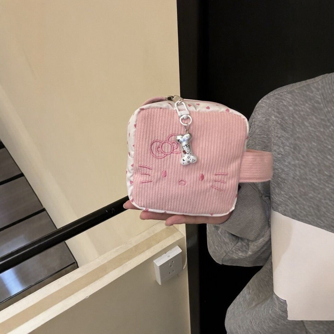 Cute Hello Kitty Corduroy Cosmetic Bag with Embroidery Design, Large Capacity Portable Makeup Organizer for Daily Use