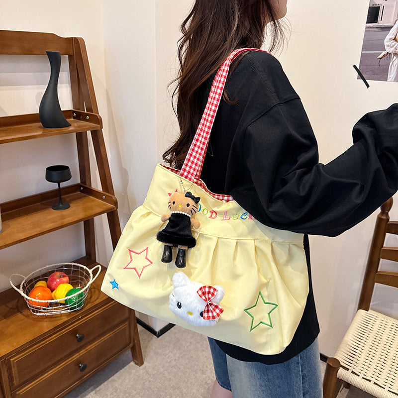Cute Korean Style Versatile Kitty Pleated Handbag Women's New Large Capacity Commuter out Shoulder Bag