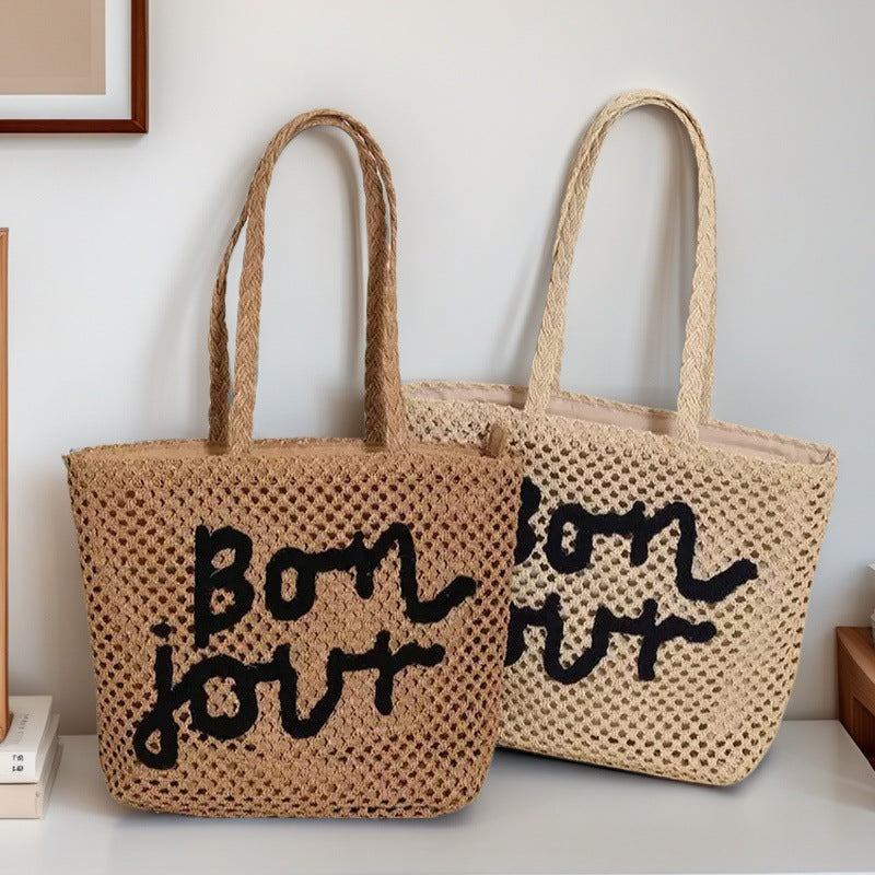 Fashion Letter Embroidery Straw Bag Weaving Hollow Design Vacation Beach Versatile Women's Bag