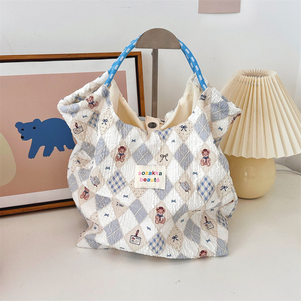 Korean Cartoon Embossed Canvas Bag Women's Large Capacity Canvas Bag Portable Beach Vacation Handbag