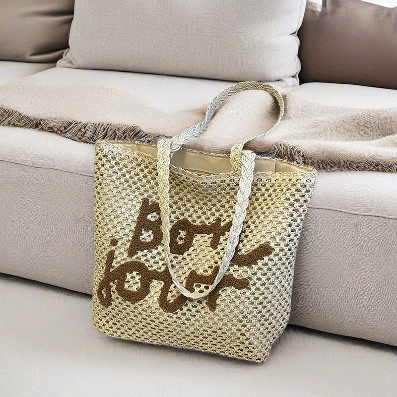 2025 New Letter Embroidery Woven Tote Bag Fashionable Shoulder Straw Bag Large Capacity Casual Beach Style