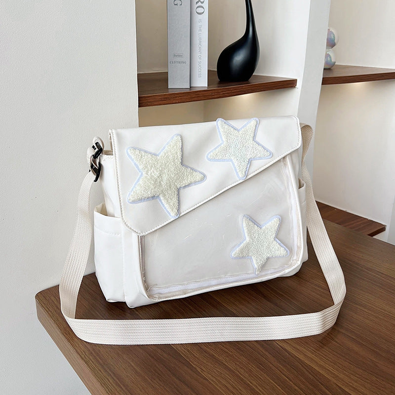 Trendy Star-Embellished Crossbody Bag 2024 Spring New Style Casual Chic Shoulder Bag with Transparent Panel and Soft Nylon Material
