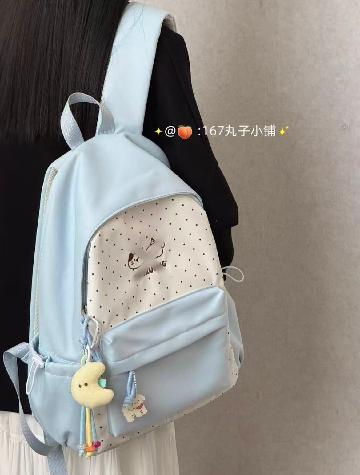 Cute Polka Dot Backpack with Embroidery Design for Girls, Fashionable and Durable School Bag with Front Pocket and Charm