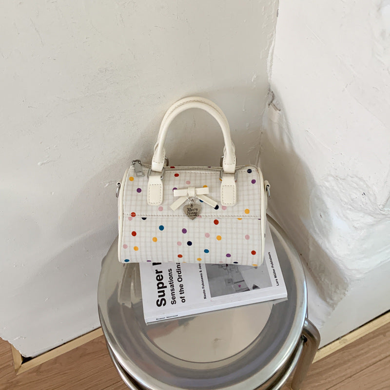 Cute Korean Summer Handbag with Polka Dot Bowknot Design, Soft Cylinder Shape Tote for Daily Use