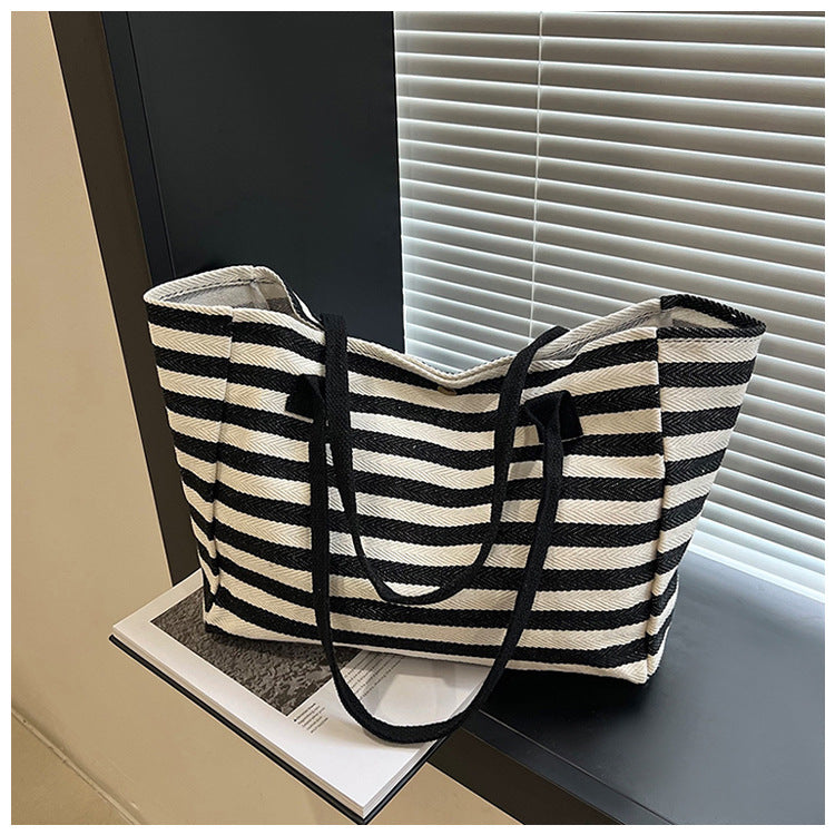 Commuter Canvas Bag Women's Large Capacity New Hand-Carrying Striped One-Shoulder Mummy Tote Bag