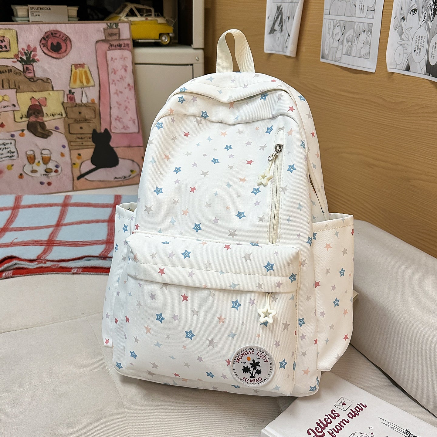 Cute Pastel Star Print Backpack for Girls, Soft Nylon School Bag with Front Pocket and Charm Design, Perfect for Elementary Students