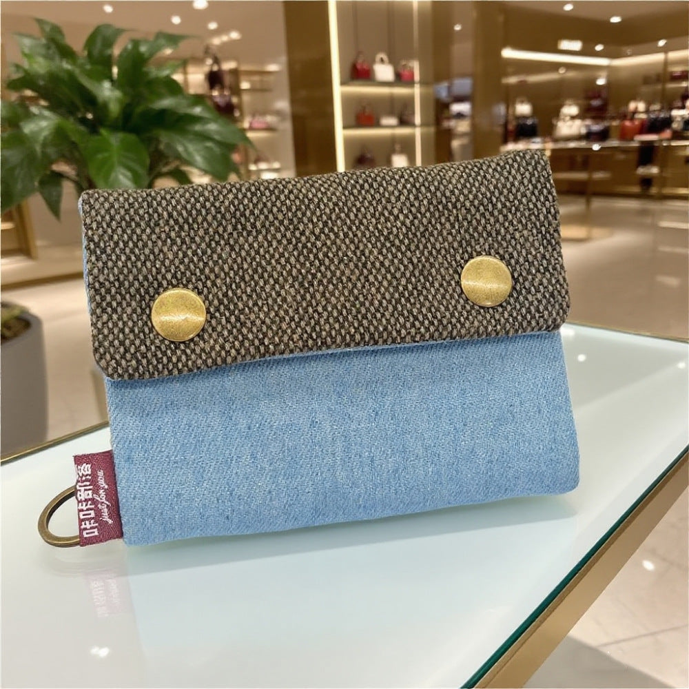 Creative Cartoon Printing Tri-Fold Denim Canvas Wallet Simple Canvas Card Holder Key Case for Both Men and Women