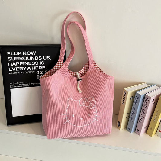 Large Corduroy Embroidered Tote Bag with Cartoon Design, Soft Structure, Multiple Inner Pockets for Daily Use
