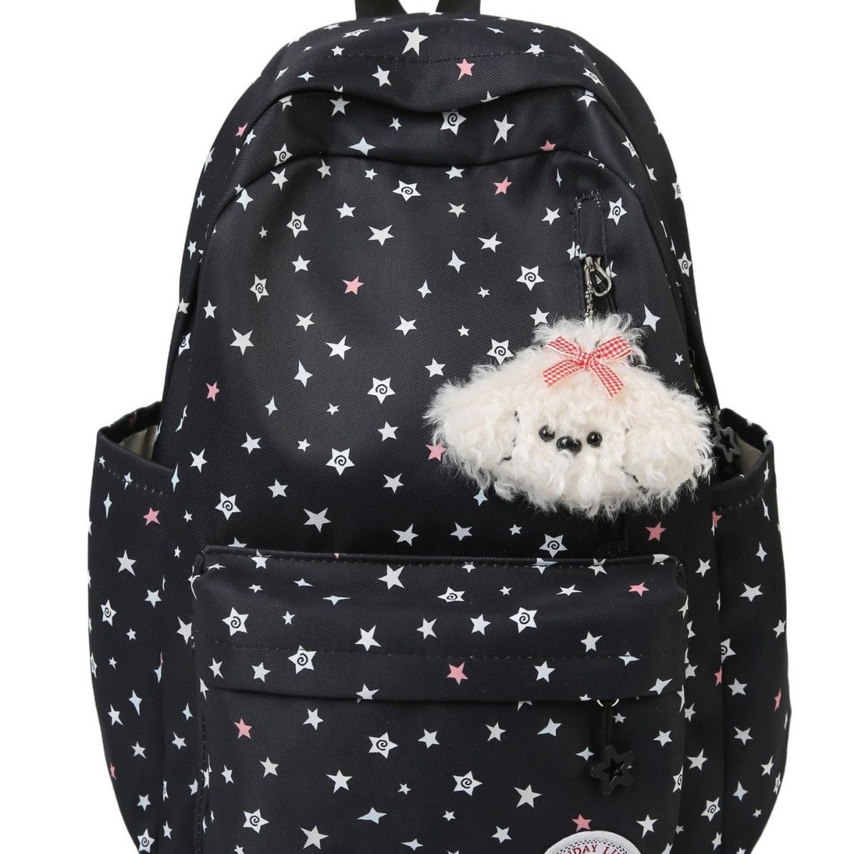 Cute Pastel Star Print Backpack for Girls, Soft Nylon School Bag with Front Pocket and Charm Design, Perfect for Elementary Students