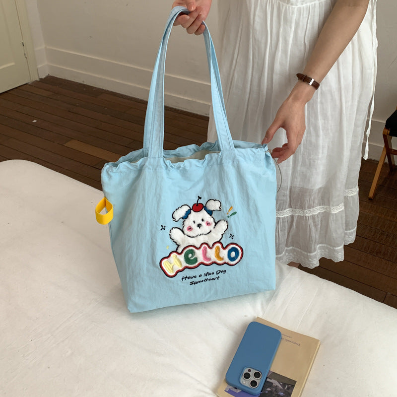 Cute Embroidered Puppy Tote Bag for Women, Large Capacity Shoulder Bag with Drawstring Closure, Perfect for Daily Commute and School