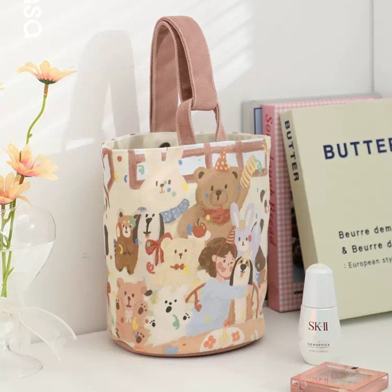 Cute Cartoon Bear Girl Canvas Tote Bag with Vintage Paint Style Print, Magnetic Closure, Perfect for Daily Use and School