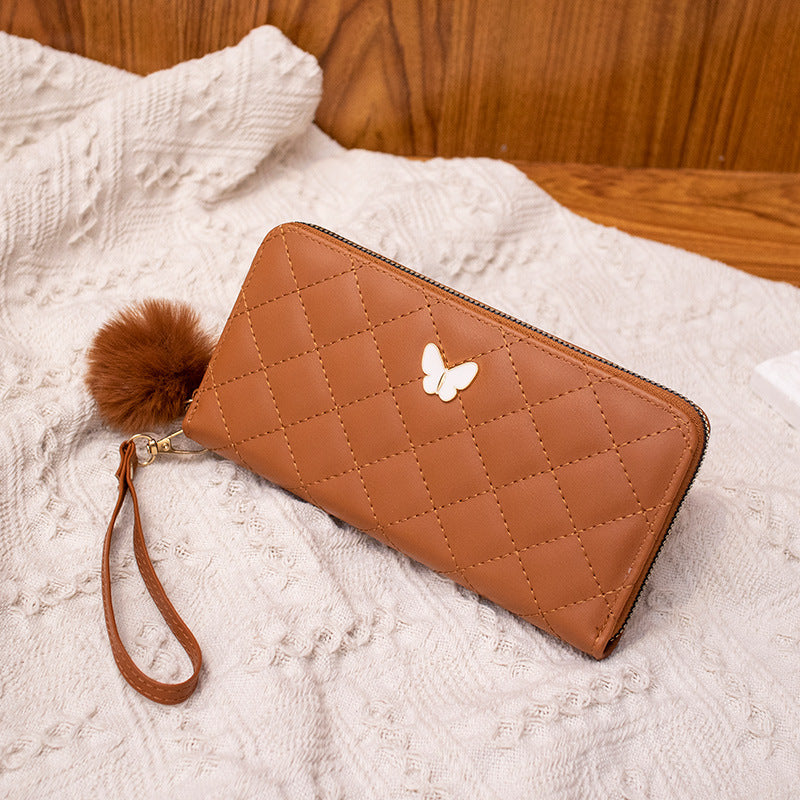 2023 Fashionable Quilted Wallet with Butterfly Charm and Pom-Pom, Multi-Card Slots for Everyday Use