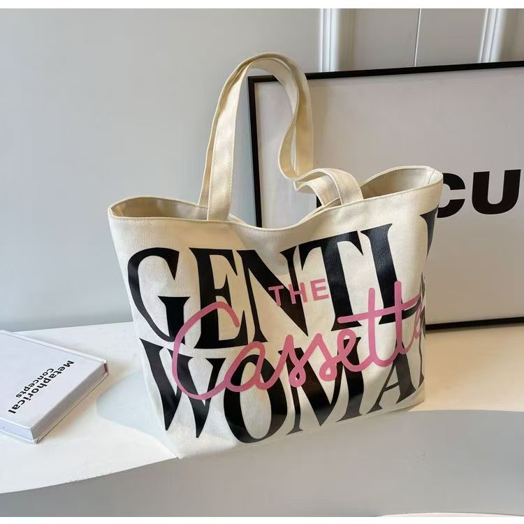 Large Capacity Letter Tote Bag for Women 2025 New Style Casual Canvas Shoulder Bag with Print Design Perfect for Daily Commute and School
