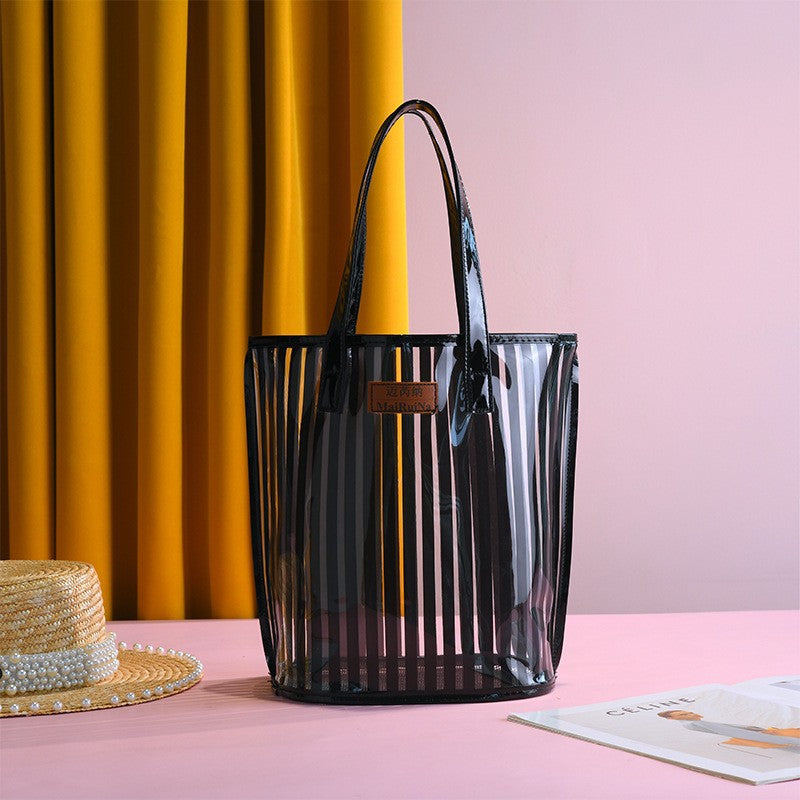 Transparent Foldable Cosmetic Bag with Stripes - Waterproof & Portable Storage for Makeup and Toiletries