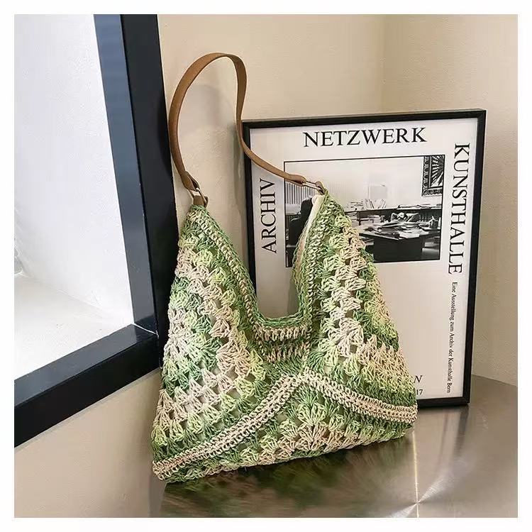 Charming Crochet Straw Tote Bag for Women, Casual Boho Style Shoulder Bag with Open Top and Interior Card Pocket