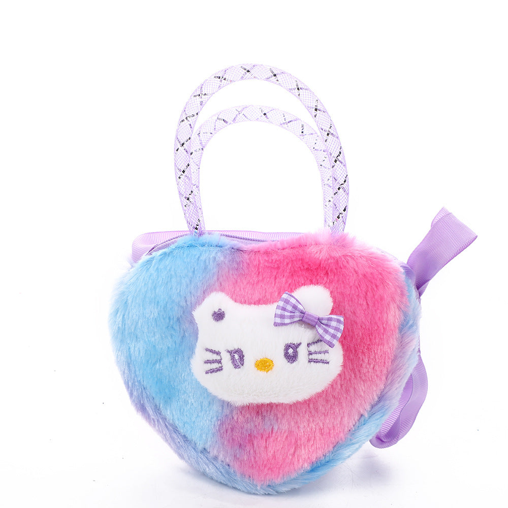 Cute Cartoon Kitty Fuzzy Heart-Shaped Backpack for Kids, Soft Plush Design with Bow Handle, Perfect for Daily Use and Storage