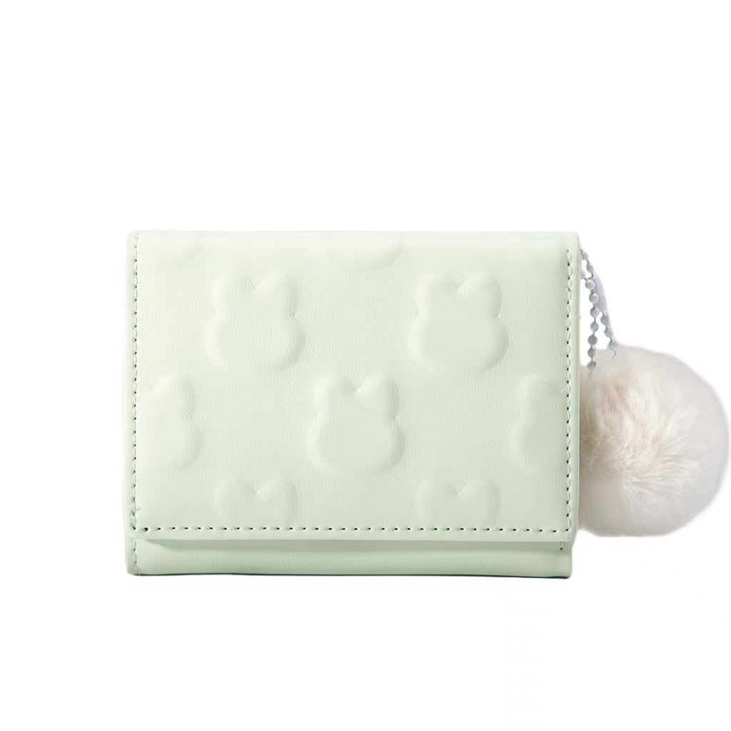 New Korean Style Cute Rabbit Wallet for Women, Waterproof PU Leather with Embossed Pattern and Fluffy Pom-Pom, Sweet and Fashionable Daily Accessory