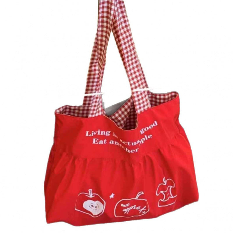Women's Shoulder Bag Cute Korean Apple Tote Bag Idle Style Large Capacity Shoulder Bag Stitching Design Casual Travel Versatile