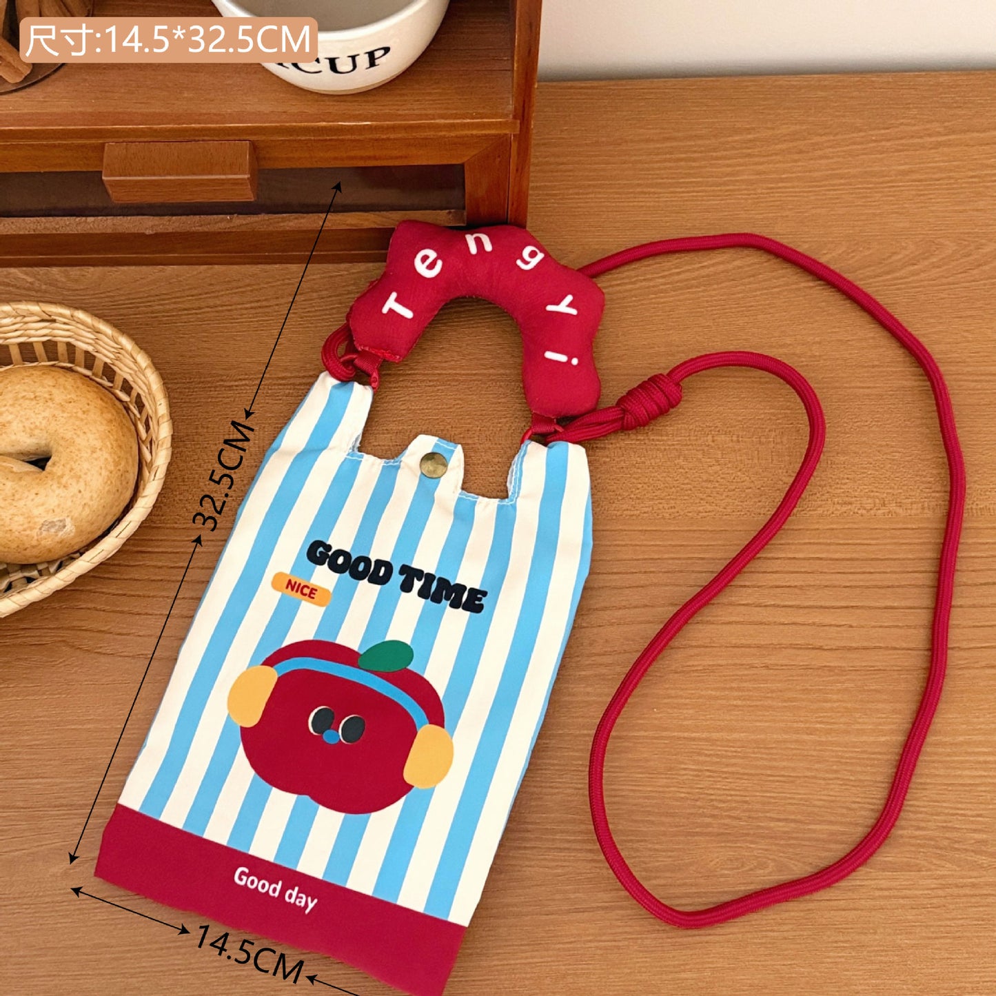 Cute Cartoon Mobile Phone Bag Adjustable Shoulder Strap Portable Daily Cute Cat Plaid Design Storage Messenger Bag