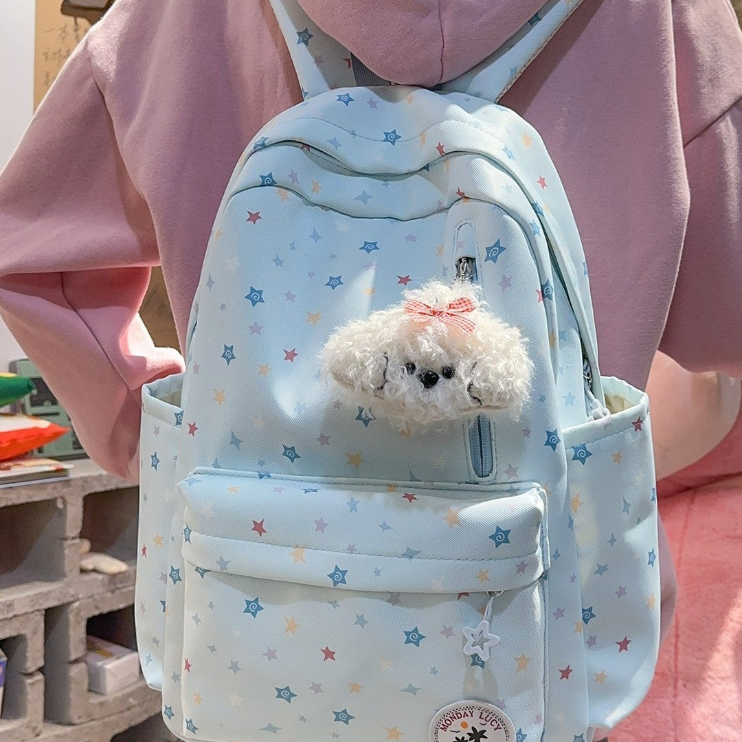 Cute Pastel Star Print Backpack for Girls, Soft Nylon School Bag with Front Pocket and Charm Design, Perfect for Elementary Students