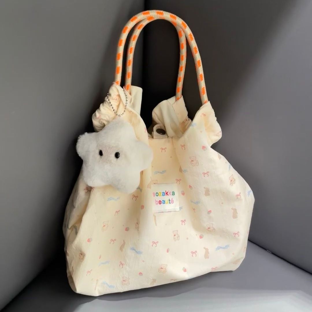 Cute Printed Rabbit Tote Bag for Women, Soft Cotton Fabric, Large Capacity, Daily Commute Style with Charm Pendant