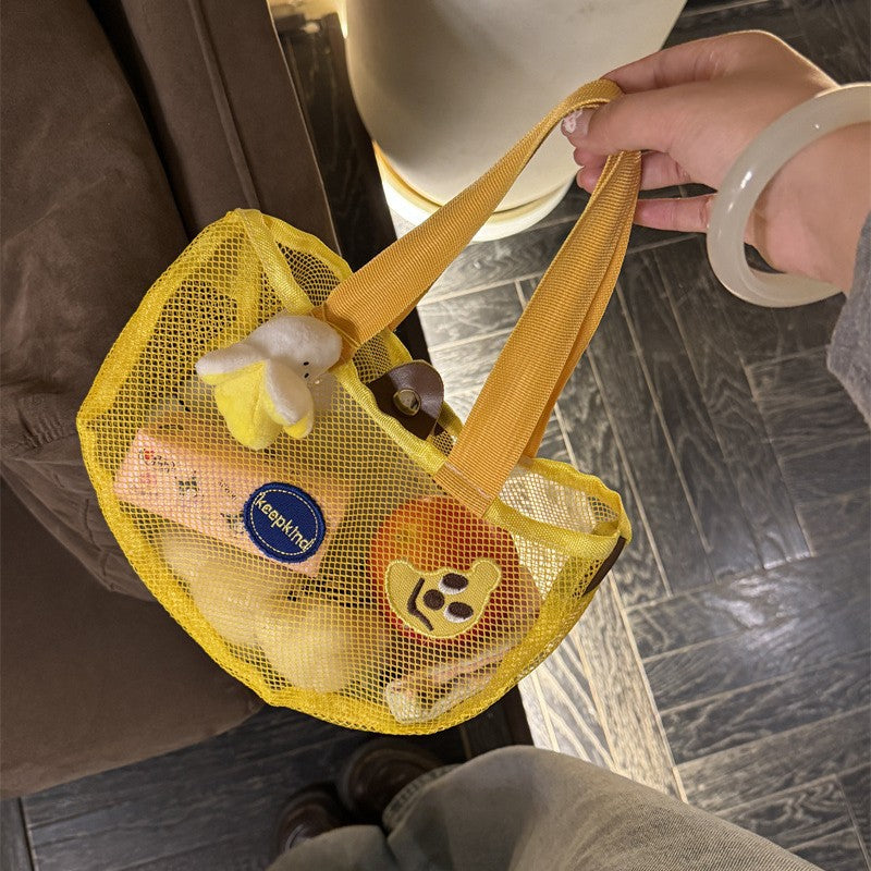 Summer Mesh Tote Bag with Cute Accessories for Beach, Bath, and Daily Use