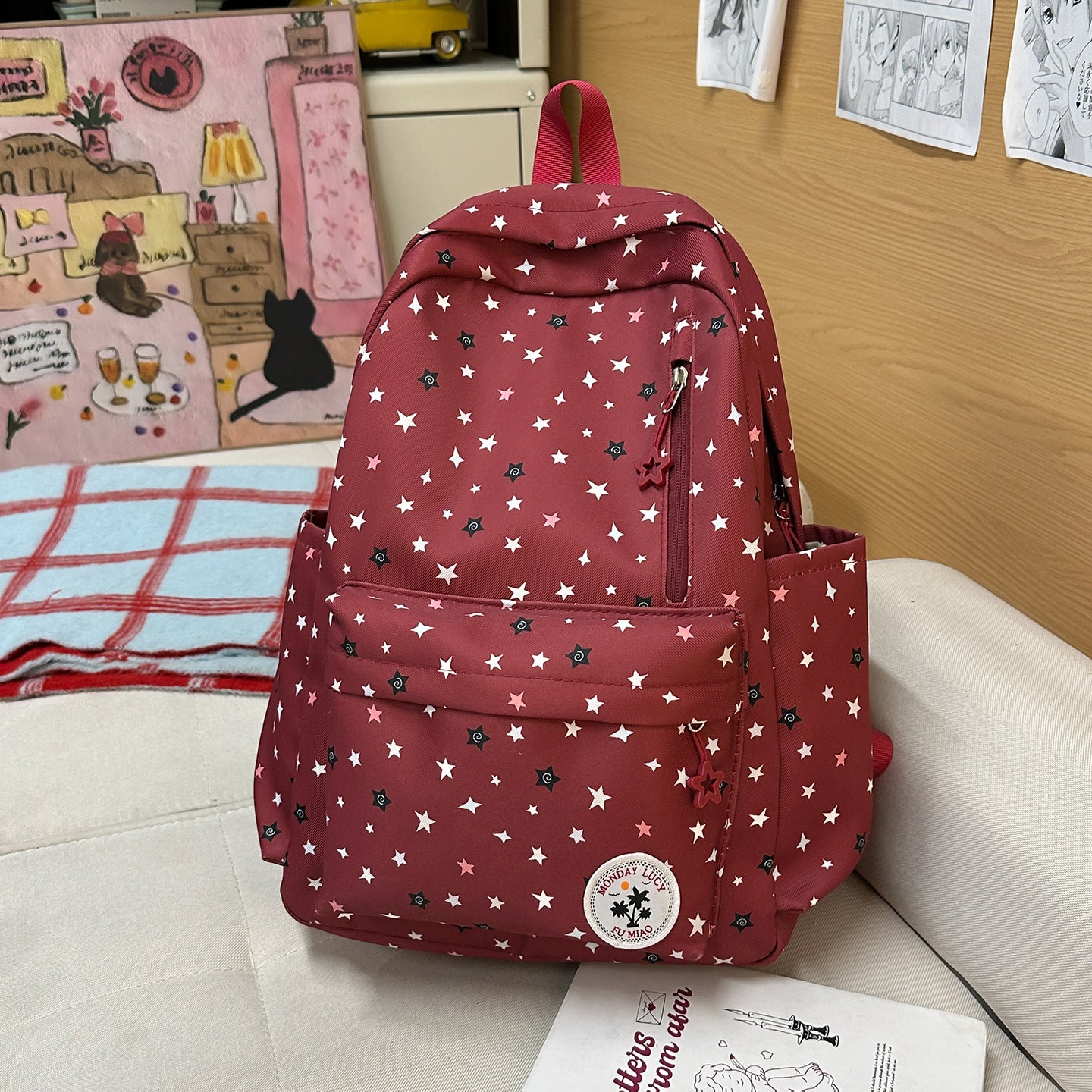 Cute Pastel Star Print Backpack for Girls, Soft Nylon School Bag with Front Pocket and Charm Design, Perfect for Elementary Students