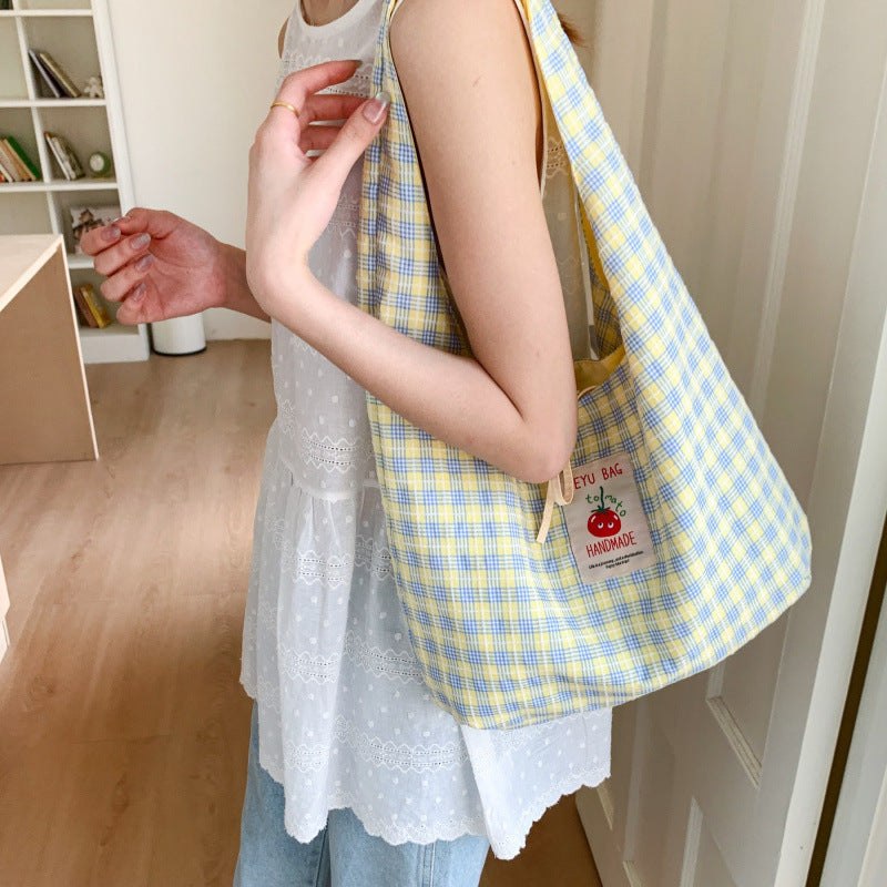Cute Checkered Crossbody Bag with Tomato Logo, Soft Canvas Tote for Daily Use and School