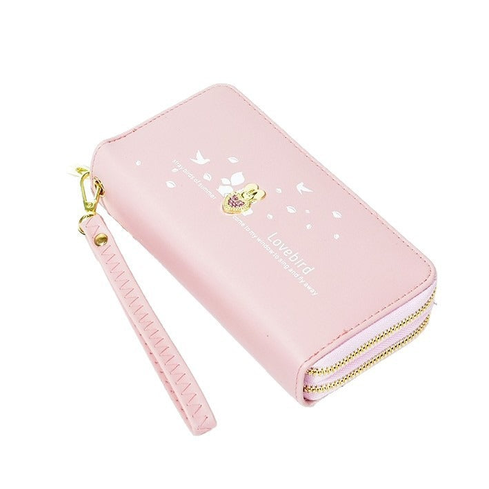 Cute Lovebird PU Wallet with Rhinestone Heart, Double Zipper, Wrist Strap & Card Slots for Women