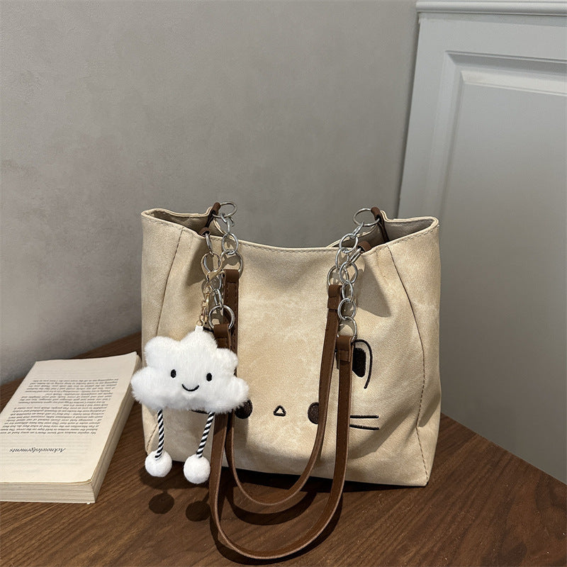 Cute Cat Print Tote Bag with Cloud Charm 2026 Spring New Korean Style Large Capacity Simple Shoulder Bag for Daily Use