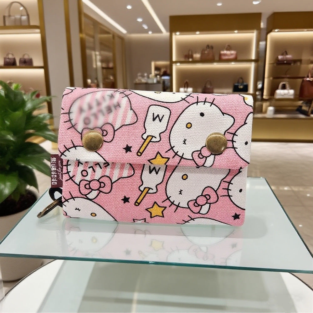 Creative Cartoon Printing Tri-Fold Denim Canvas Wallet Simple Canvas Card Holder Key Case for Both Men and Women