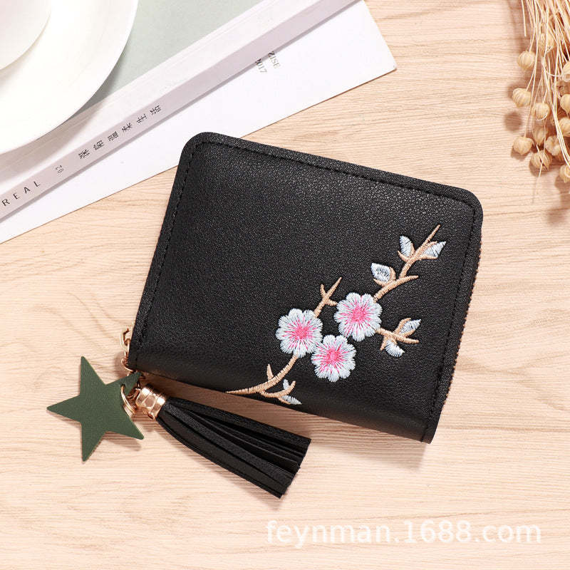 Cute Heart Embroidery PU Wallet for Women with Tassel Charm and Star Pendant, Compact Card Holder for Daily Use
