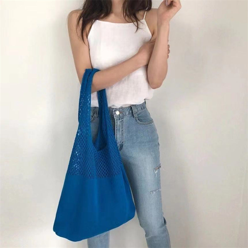 Tote Bag Women's New Korean Knitted Solid Color Shoulder Hollow Large-Capacity Crossbody Bag