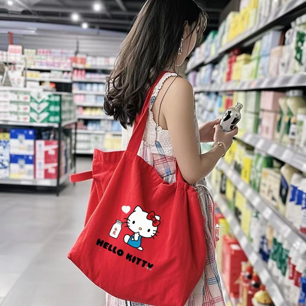 Cute Cartoon Tote Bag with Hello Kitty Print, Large Capacity Soft Canvas Shoulder Bag for Students and Daily Use