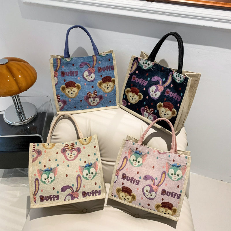 Cute Printed Cotton and Linen Women's Handbag with Duffy Character Pattern Large Capacity Buggy Bag