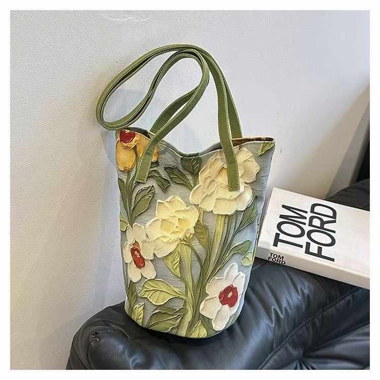 Oxford Cloth Three-Dimensional Bucket Bag Women's Summer Oil Painting Flower Versatile Large Capacity Shoulder Bag