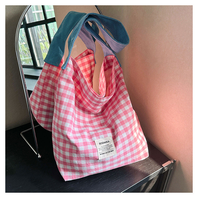 Cute Checkered Canvas Tote Bag with Colorful Handles for Daily Use and Shopping