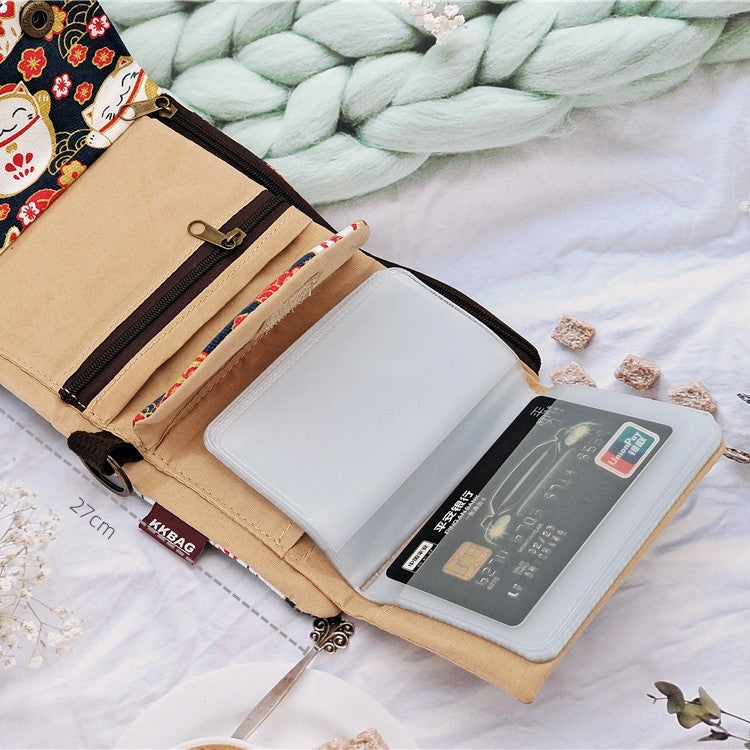 Creative Cartoon Printing Tri-Fold Denim Canvas Wallet Simple Canvas Card Holder Key Case for Both Men and Women